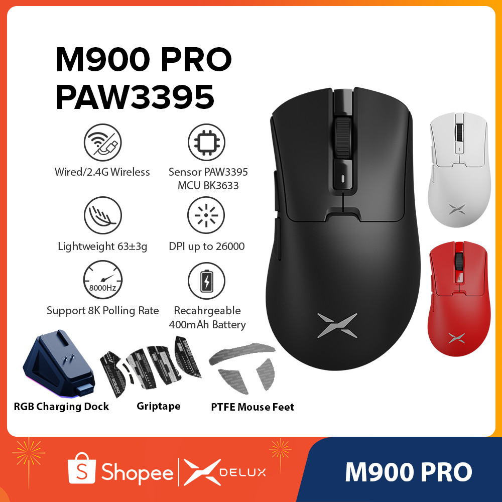 Delux M900 PRO M900PRO PAW3395 เมาส์เกมมิ่งไร้สาย DPI 26000 2.4G พร้อมแท่นชาร์จแม่เหล็ก RGB 63g ออก