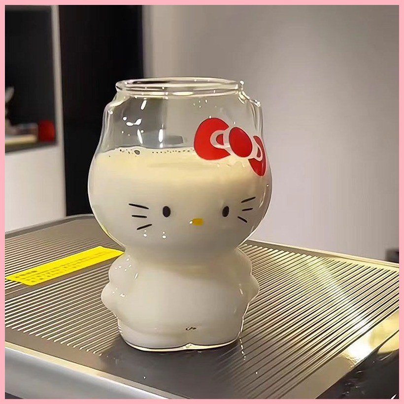 Sanrio Kitty 300มล ถ้วยแก้วบอโรซิลิเกตสูงชั้นเดียวกาแฟแมวนมถ้วยอาหารเช้าถ้วยน้ําทนต่ออุณหภูมิสูง