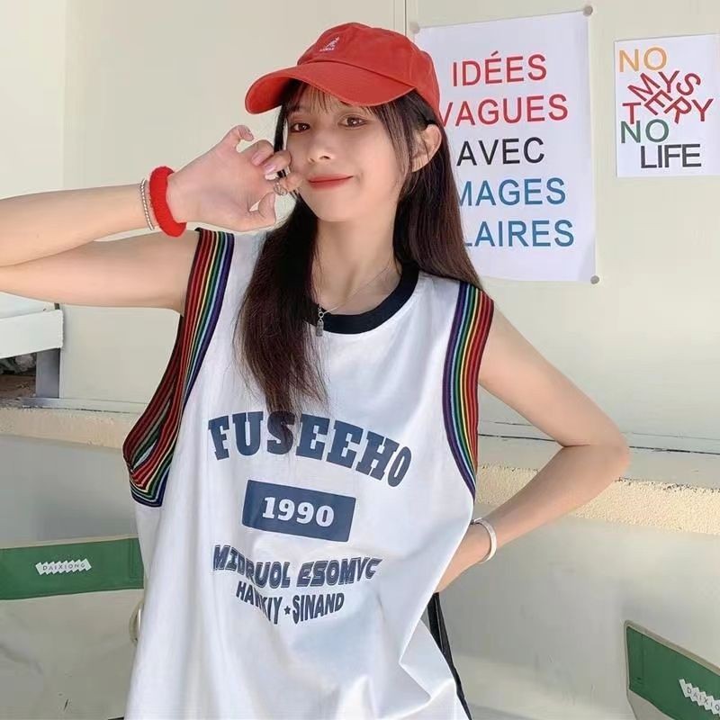 แลน ~ american ชุดบาสเกตบอลแขนกุดกีฬาเสื้อกั๊กผู้หญิงสวมใส่ด้านนอกหลวม อิน ออกแบบสไตล์ถนนสาวร้อนเสื้อยืดด้านบนฤดูร้อน