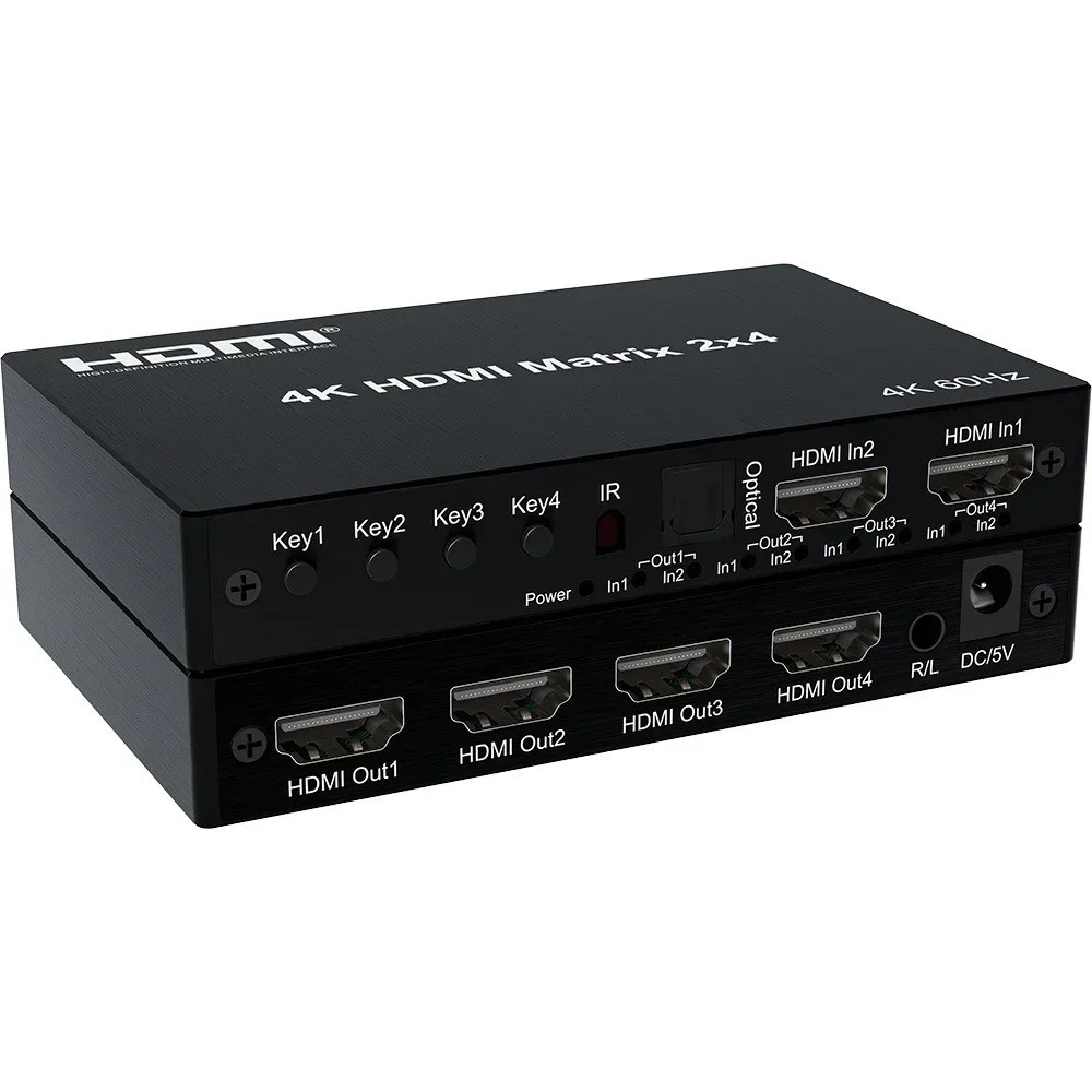 4K @ 60hz HDMI Matrix 2x4 2 In 4 Out HDMI2.0 Splitter Switcher Optical 3.5mm Audio Extractor 3D Vide