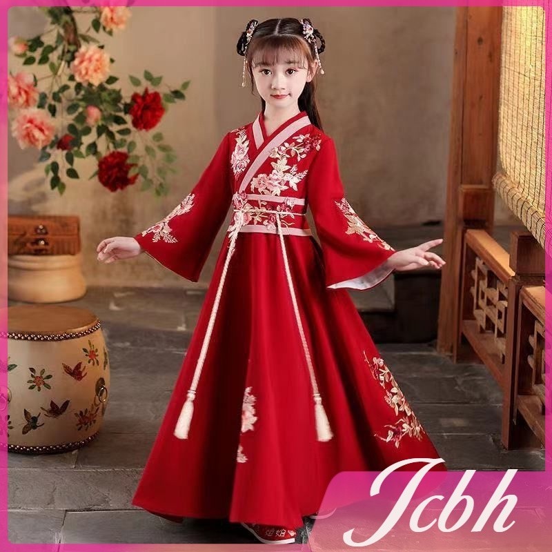 พร้อมส่งเสื้อผ้าแบบดั้งเดิมของเด็กผู้หญิง ชุดฮั่นฝูปักดอกไม้สีแดง เสื้อผ้าบางประจำชาติจีนสำหรับฤดูใ
