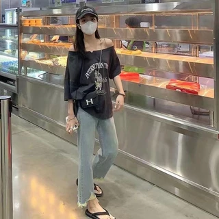 ส่งจากกรุงเทพฯ Solovely M-2XL เสื้อดํา เสอื้ผา้ผหู้ญง เสื้อเปิดไหล่ เสอ สไตล์เกาหลี แมว พิมพ์ลาย หลวม เสื้อยืด