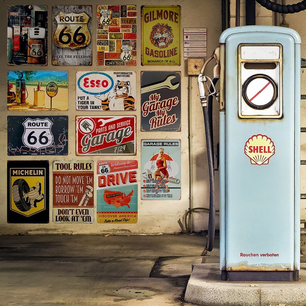 🔥ส่งไวจากไทย🔥 ป้ายสังกะสีวินเทจ TS10 การาจ Garage ปั๊มน้ำมัน อู่ซ่อมรถ รูท 66 Route 66 โรงจอดรถ,