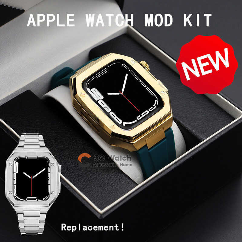 Kit Strap Modification for Apple Band 7 45mm 44 mm Steel Metal Case i Watch 6 SE 5 4 44mm Rubber re