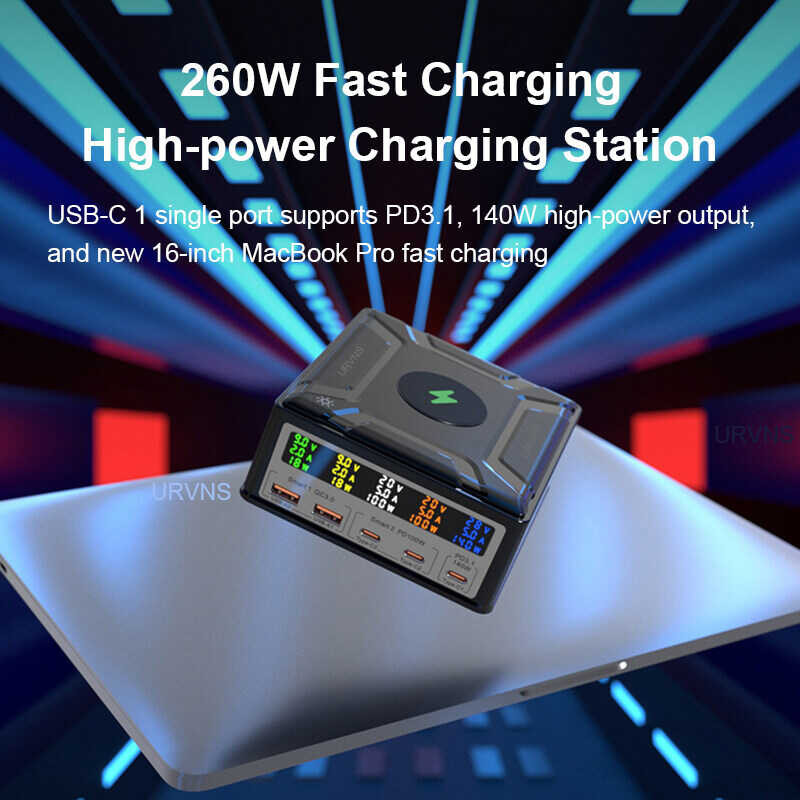 ❤ URVNS 260W Pd3.1 USB C Charging Station LCD Display Power Adapter 5Port PD 140W 100W PPS 45W Su
