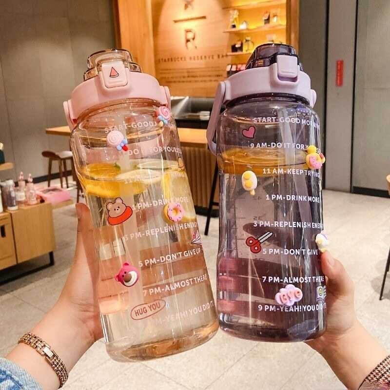 ] 2 [hot Liter Bottle Straw Female Girls Portable Travel bottles Fiess Bike Cup Summer Cold Water J