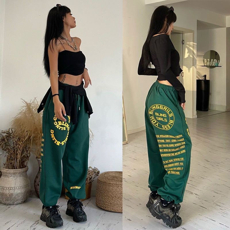 กางเกงวอร์มสีเขียวเข้มผู้หญิงหลวม Tie-Leg Hip-Hop Sweatpants Retro พิมพ์ Jazz Street Dance กางเกง