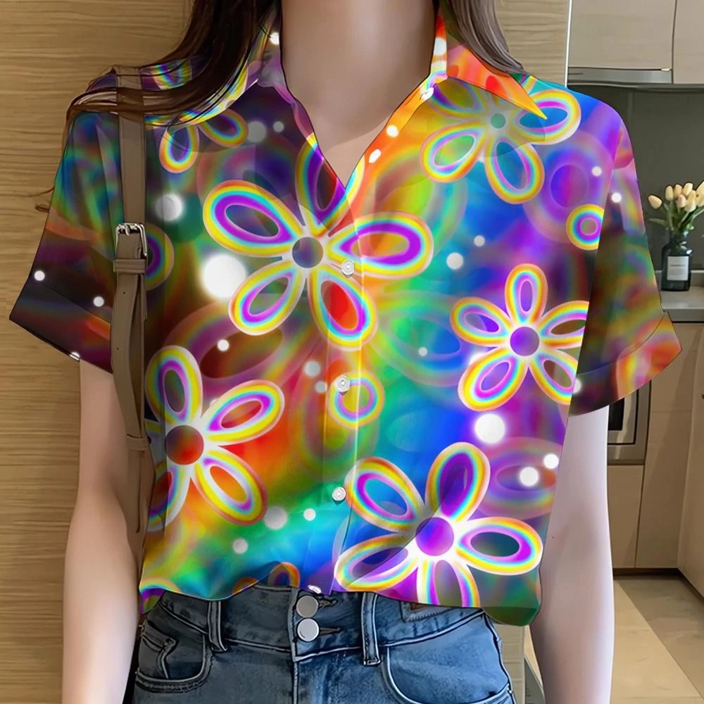 เสื้อลายดอกผู้หญิง ทรงฮาวาย แขนสั้น ลายรุ้ง thumbnail 5