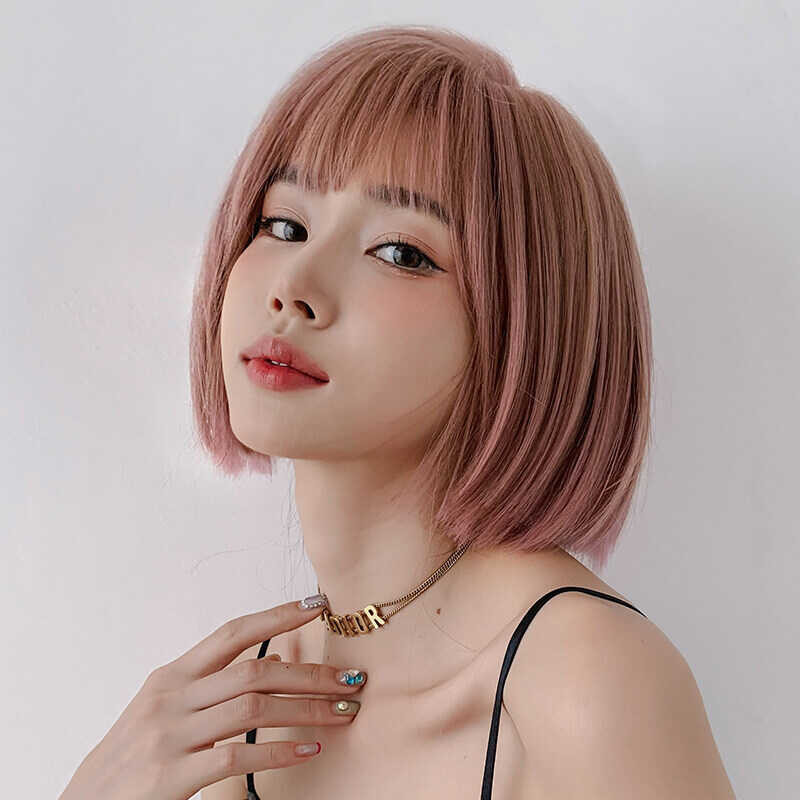 ➧ 7Jhh WIGS Short Hair Straight With Bangs Pink Bob Full Wig For Women Synthetic Wigs s