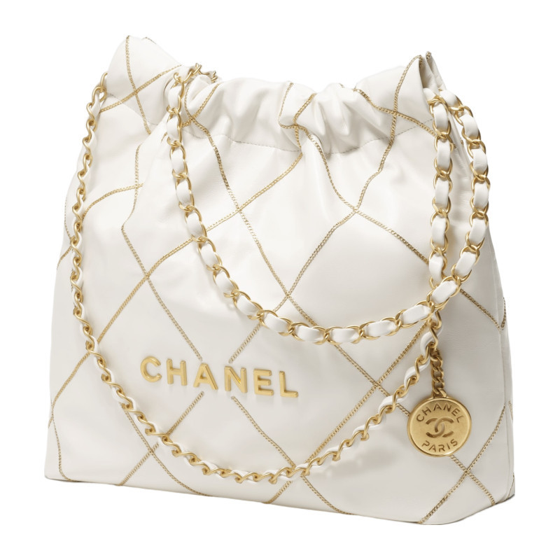 ♞,♘กระเป๋าผู้หญิง Chanel/Chanel แท้ 100% หนังลูกวัวสีขาวมันวาว กระเป๋าถือสายโซ่โลหะขนาดเล็ก