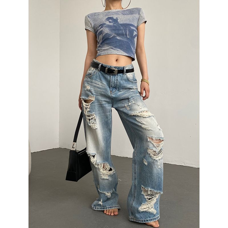 Shanmieleng Ripped Distressed Retro High Street กางเกงยีนส ์ ผู ้ หญิงอเมริกัน Niche Design กางเกงตรงสตูดิโอ