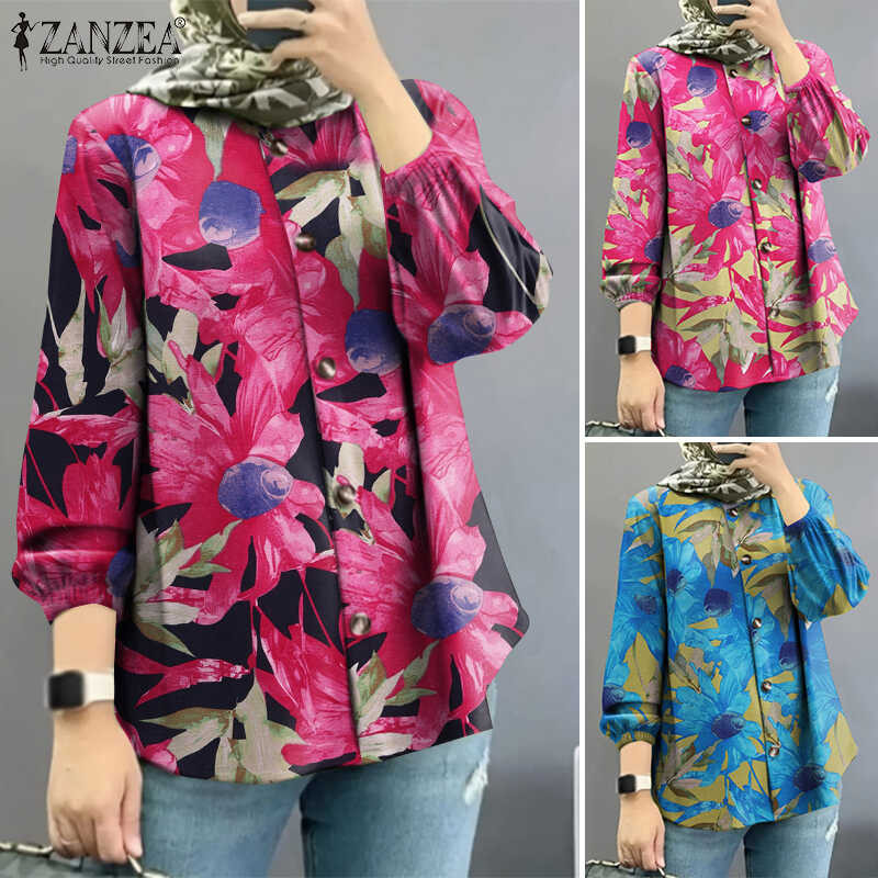❤ Hijabfab ZANZEA เสื้อผู้หญิงมุสลิมลายดอกไม้,เสื้อพิมพ์ลา