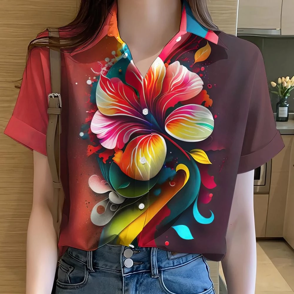 เสื้อลายดอกผู้หญิง ทรงฮาวาย แขนสั้น ลายรุ้ง thumbnail 7