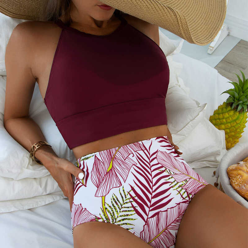 Wear ➧ Swim For Women Waist Halter Leaf Print Bikini Regular Basic Swimwear Bathing Suit High Quali 