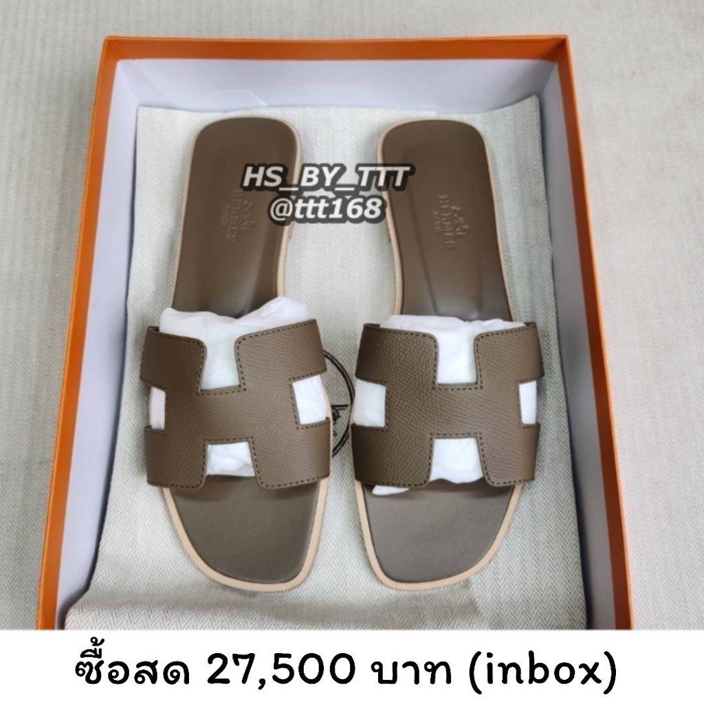 ♞H_by_TTT New H ermes Oran Sandal Etoupe Epsom รองเท้าแตะ หนัง Epsom in box ของแท้