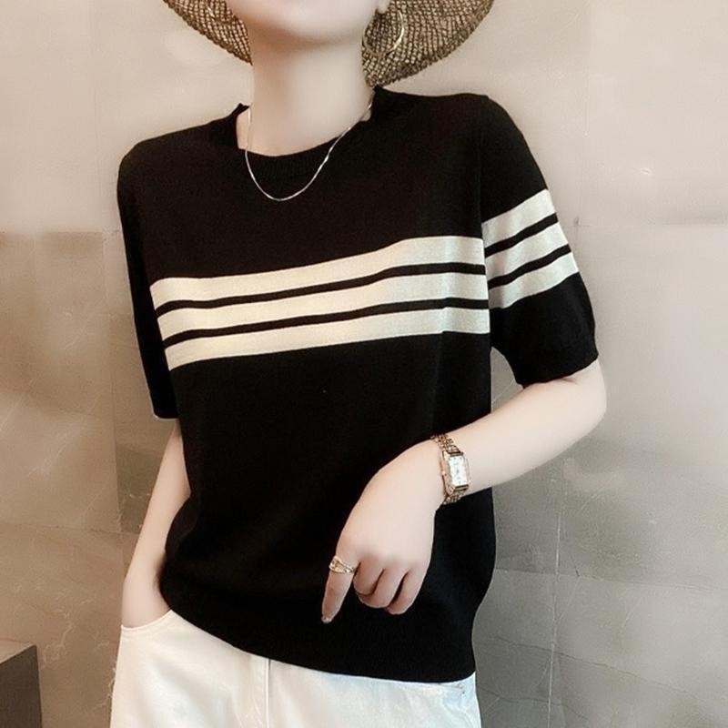 เสื้อยืดผู้หญิงฤดูร้อนใหม่สันทนาการแขนสั้นคอกลมสไตล์เกาหลีสลิมมิ่งลายถักด้านบน
