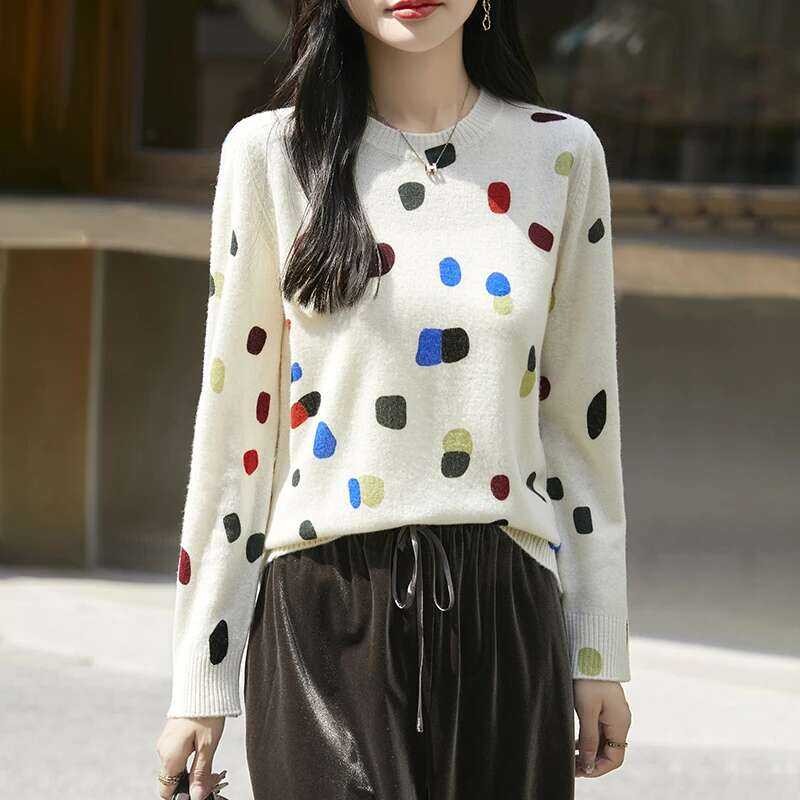 ❥ แฟชั่นพิมพ์รอบคอถักเสื้อกันหนาวelegantแขนยาวหลวมpul