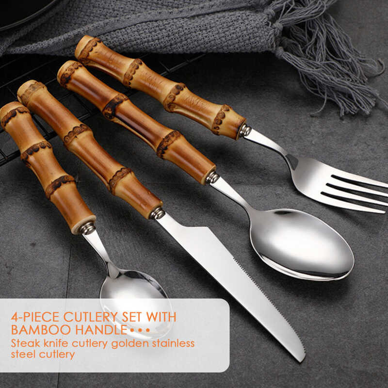 4 Pcs Bamboo Handle Tableware Set Steak K-Nives Cutlery Gold Stainless Steel Flatware Cutlery Set