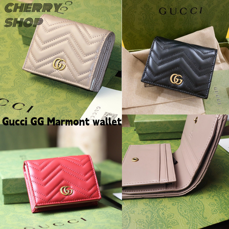 ♞แบรนด์ใหม่และเป็นของแท้/Gucci GG Marmont Wallet ผู้หญิง กระเป๋าสตางค์ Berry Print Wallet กระเป๋าสต