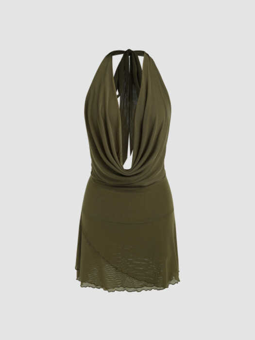 Halter Cider Mesh Knotted Cowl Neck Mini Dress เดรสคล้องคอผู้หญิง เดรสแฟช