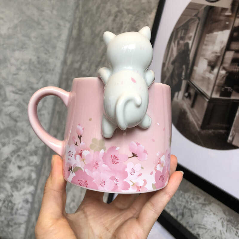 Happy Starbuck Cat Cherry Blossom View Coffee Ceramic Mug Office Super Cute Pink Water Cup