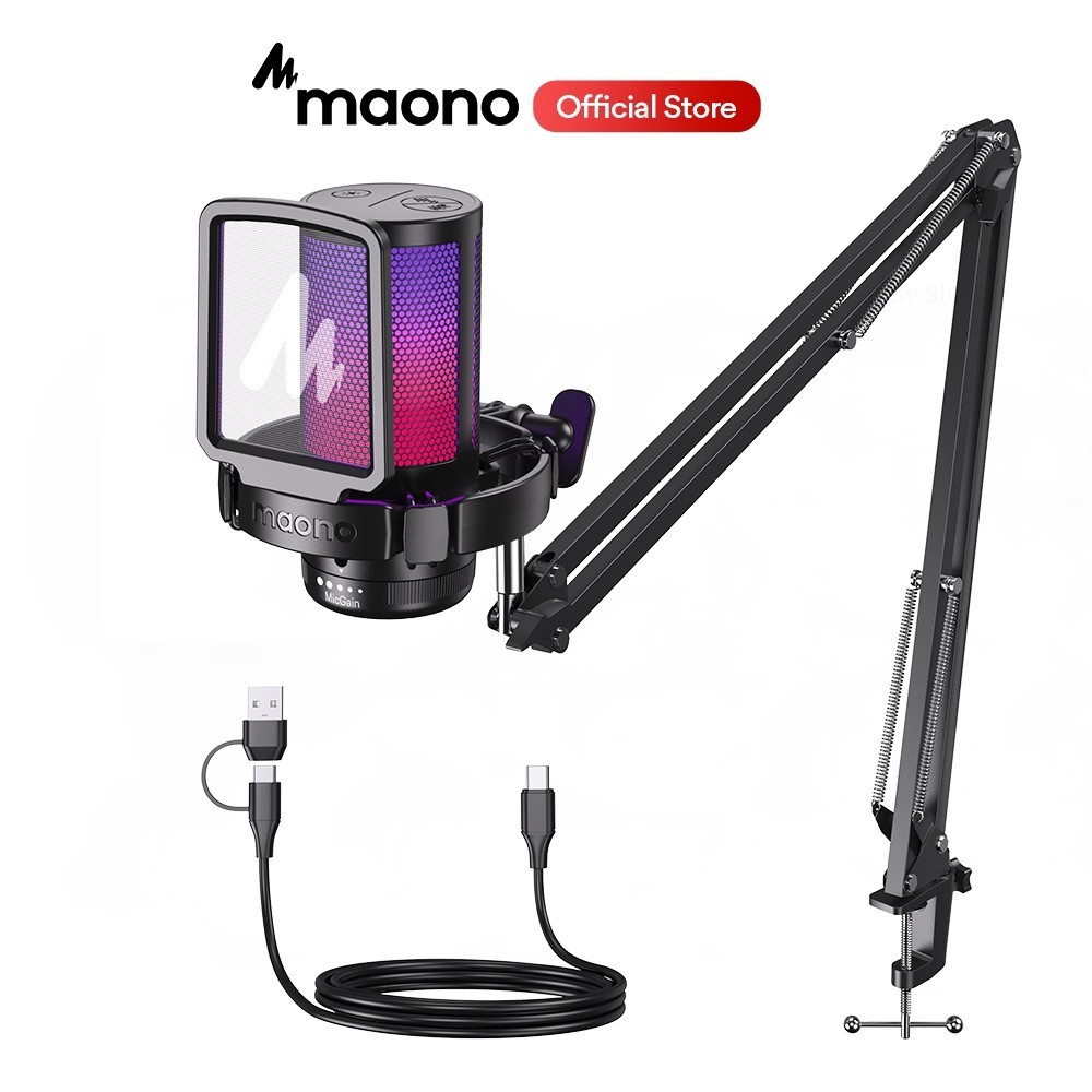 Maono DGM20S RGB USB ไมโครโฟนคอนเดนเซอร์ ตัดเสียงรบกวน พร้อมไมโครโฟน และไฟ RGB แจ็คหูฟัง 3.5 มม. สํ