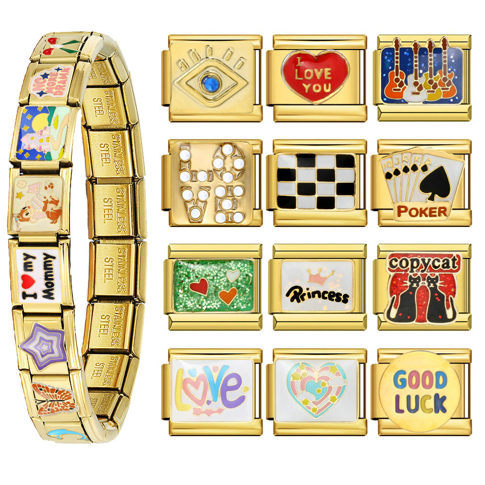 Y2k โซ่ยืดหยุ่นสแตนเลส Charm Link Fit 9 มม.อิตาเลี่ยนอินเทรนด์สีทอง Love Heart โป๊กเกอร์สร้อยข้อมือเจ้าหญิง DIY ทํา