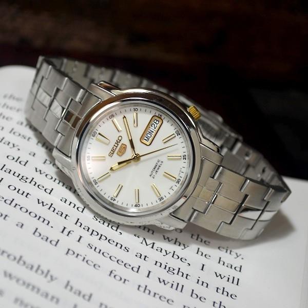 ♞,♘SEIKO 5 Automatic รุ่น SNKL77K1 นาฬิกาข้อมือผู้ชาย สีเงินเข็มทอง - มั่นใจสินค้าของแท้100% รับประ