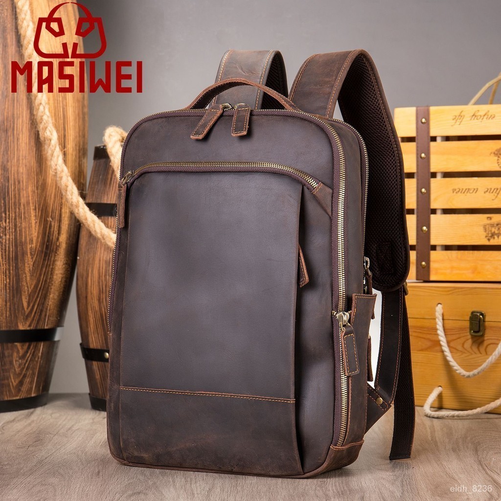 At- Crazy Horse Leather Men 's Bag and Retro Men 's Backpack Leather Large Capacity Computer Tra