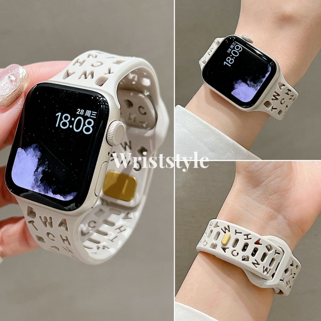 สายนาฬิกาข้อมือซิลิโคนยาง แบบนิ่ม ลายตัวอักษร ระบายอากาศ สําหรับ Apple watch S9 8 7 6 5 4 SE2 ULTRA