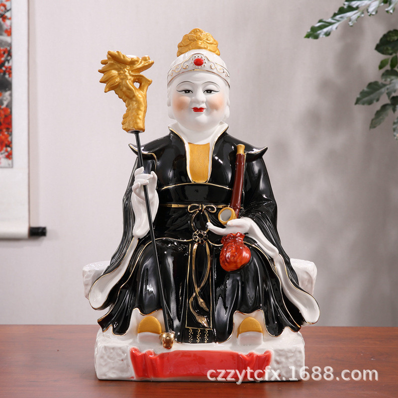 Ceramic Black Old Lady and Black Mother Goddess Statue, Home Worship of Four Major Families, Iron Shashan Buddha Statue