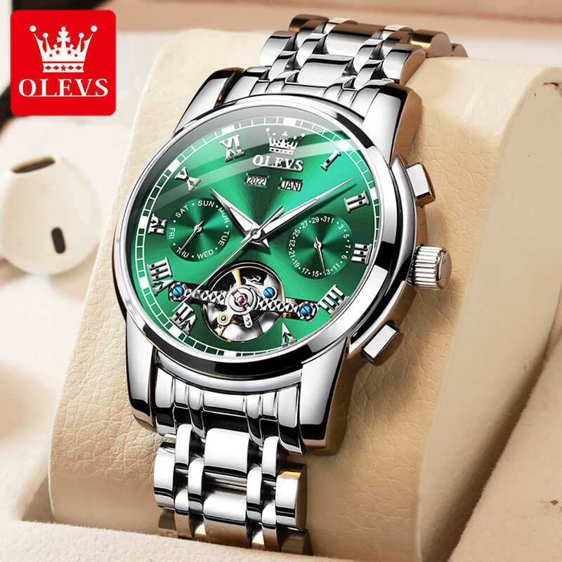 Waterproof OLEVS Latest Mechanical Automatic Multi-function Dial Calendar Stainless Steel Strap Men