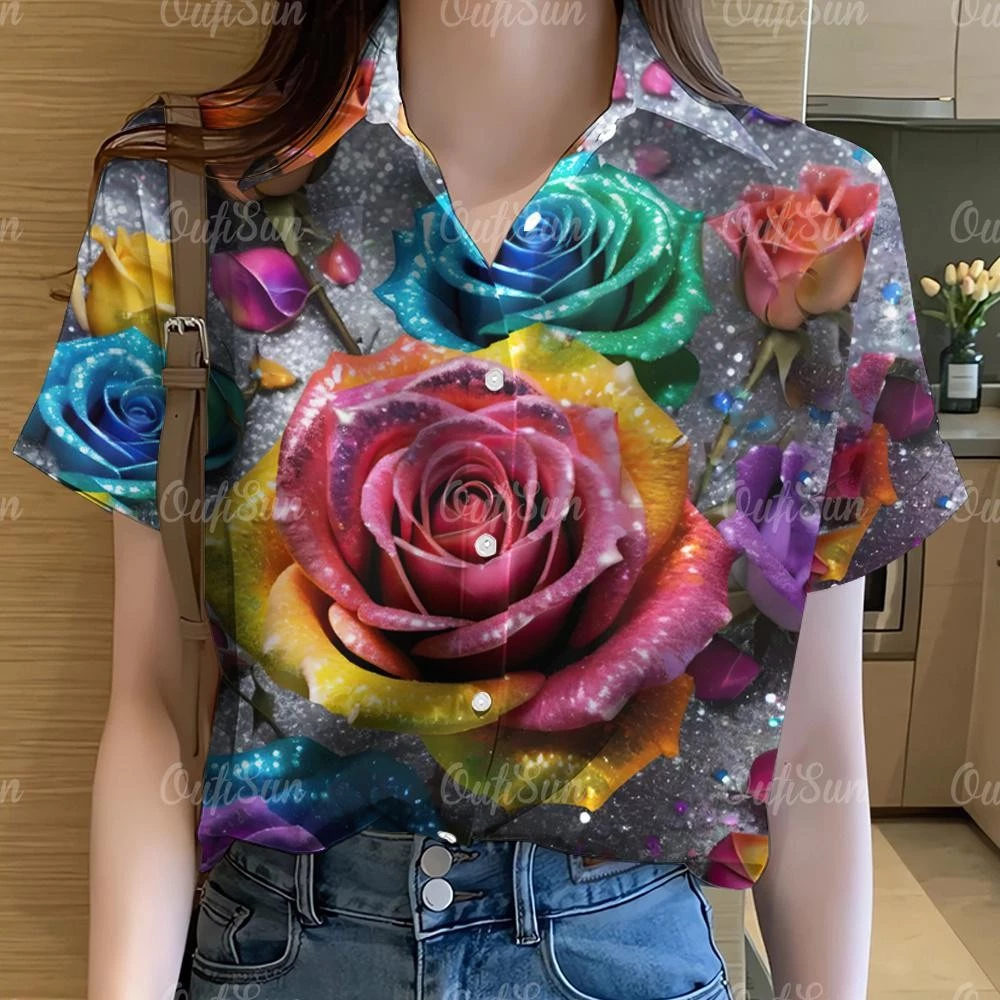 เสื้อลายดอกผู้หญิงแขนสั้น ไซส์ใหญ่ ลายสายรุ้ง กราฟฟิตี้ สไตล์ฮาวาย thumbnail 4