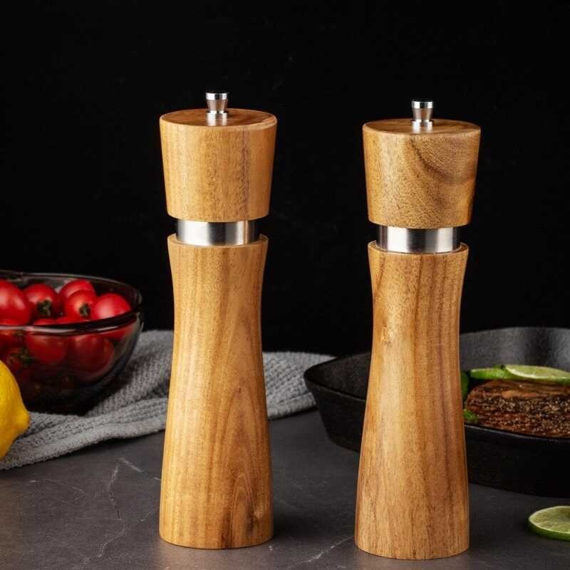 LY 8 Inch Wood Salt And Pepper Grinders Manual Acacia Salt And Shaker Pepper Mill Kit With Adjustab