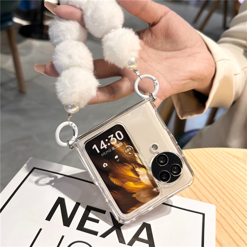 เกาหลีน่ารักเคสโทรศัพท์โปร่งใสพร้อมสร้อยข้อมือ Pearl Hairball สําหรับ OPPO N3Flip N2 Flip N3 Flip N2flip N3Flip Cover พร้อมสายรัด