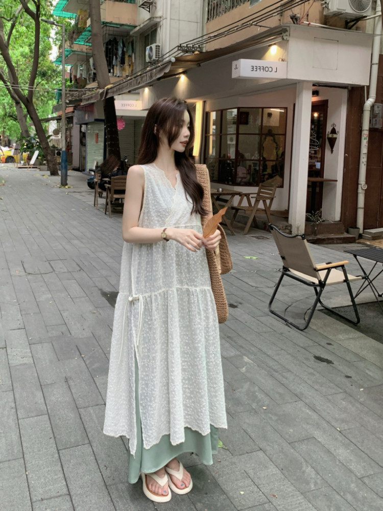 73116 ชุดเดรสเรียบง ่ ายสีเขียว/ชุดเดรสปักลายฝรั ่ งเศส