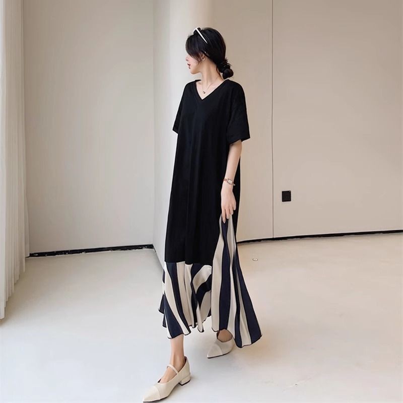 Maxi Dresses ผู ้ หญิงขนาดใหญ ่ หรูหรา 150 กก . อารมณ ์ หลวมฤดูร ้ อนไขมันมม. Slim V คอชุด