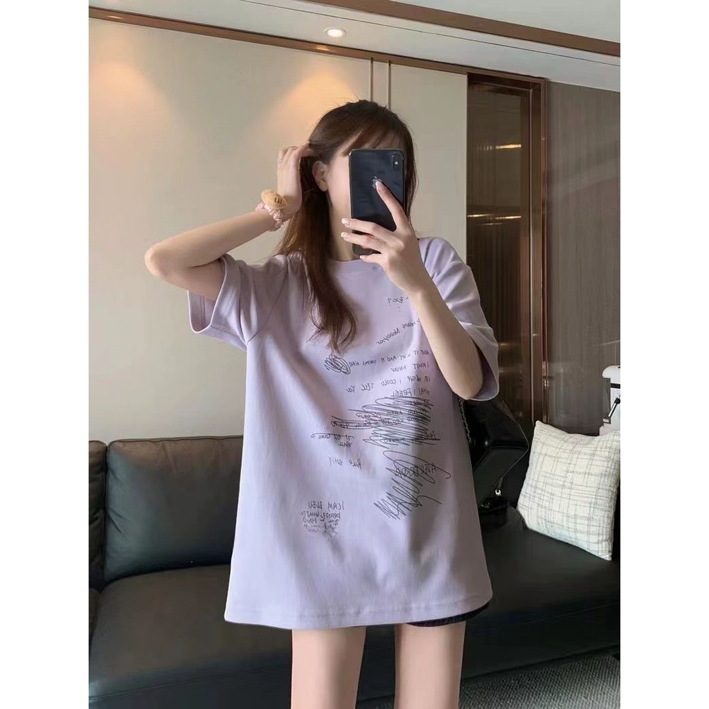 QAGM ADER Short Sleeveoversizeround NeckTT-shirt Alphabet Graffiti Print Short Sleeve Summer Top Co