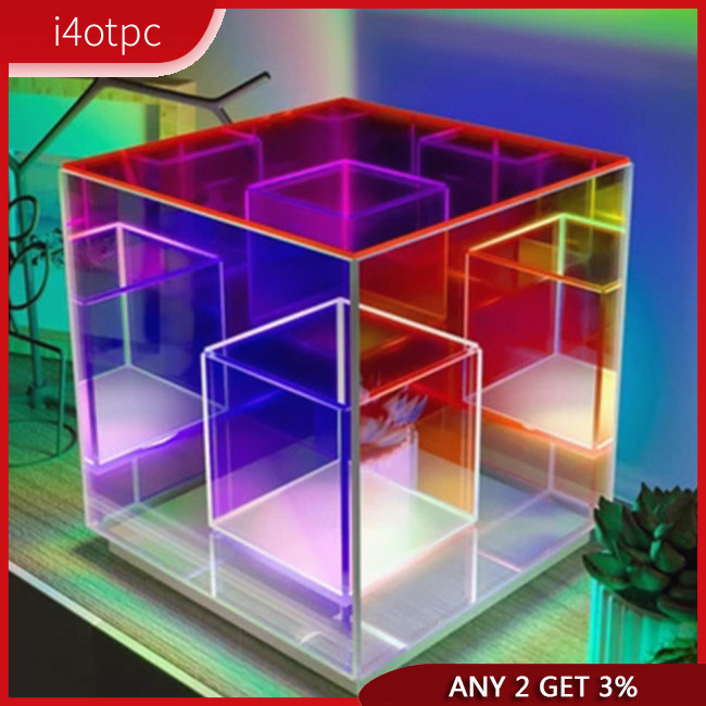 I4otpc โคมไฟตั้งโต๊ะอะคริลิค LED รูปลูกบาศก์ 3D ปรับได้ หลากสีสัน สไตล์โมเดิร์น