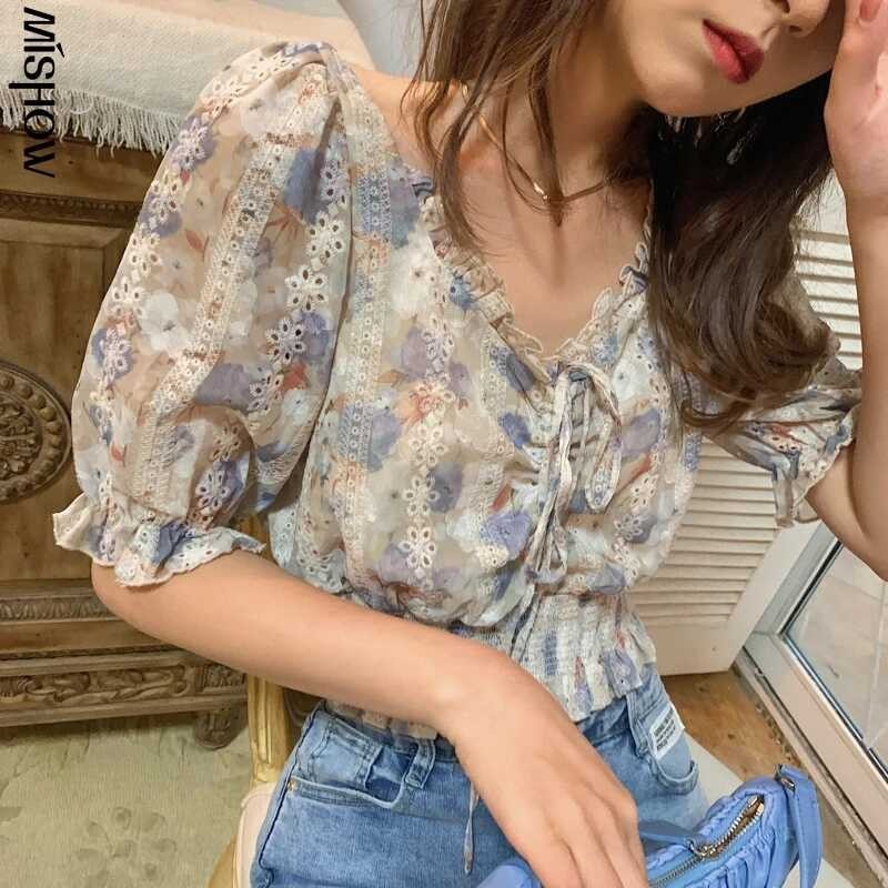 MISHOW ฤดูร้อนผู้หญิงแฟชั่นใหม่พิมพ์เอวสูงชุดเอวีคอหร