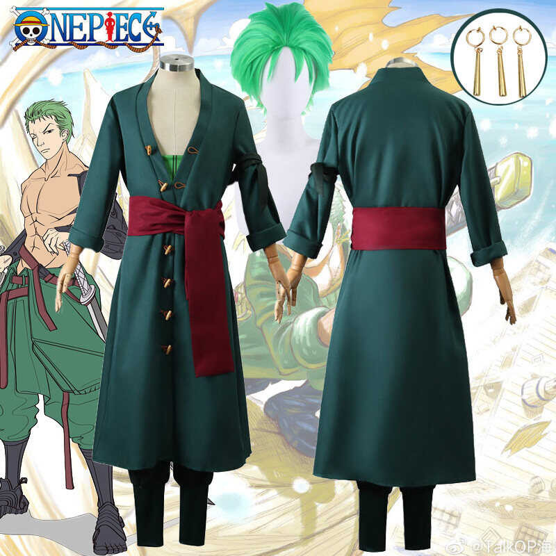 Anime One Piece Roronoa Zoro Cosplay Costume For Men Kid Boys Zoro Kimono Robe Zoro Green Short Hai