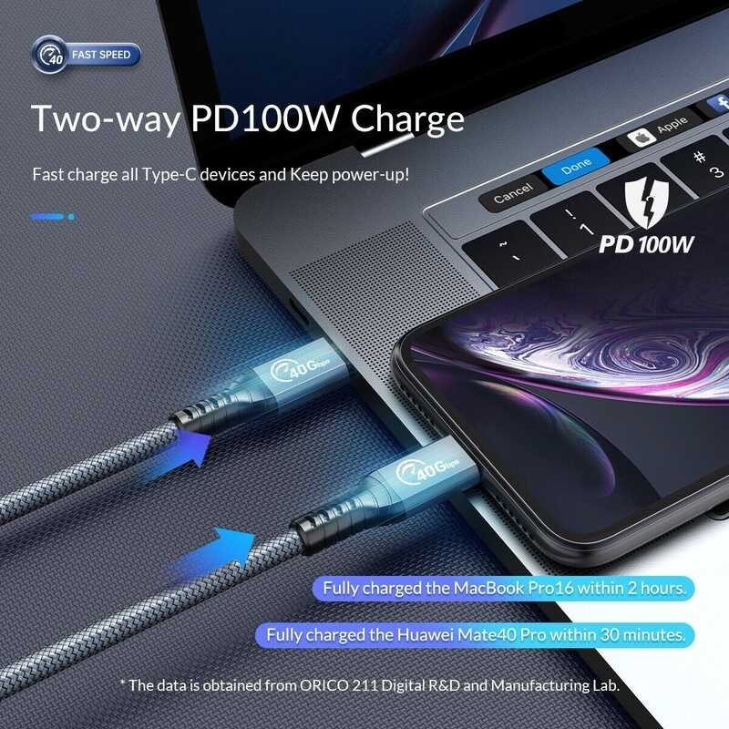 Type สาย C ORICO Thunderbolt 4 USB C,สายข้อมูลข้อศอก Pd100w Dual ชาร์จเร็ ORIO    ,ข้อมูลข้อศอก