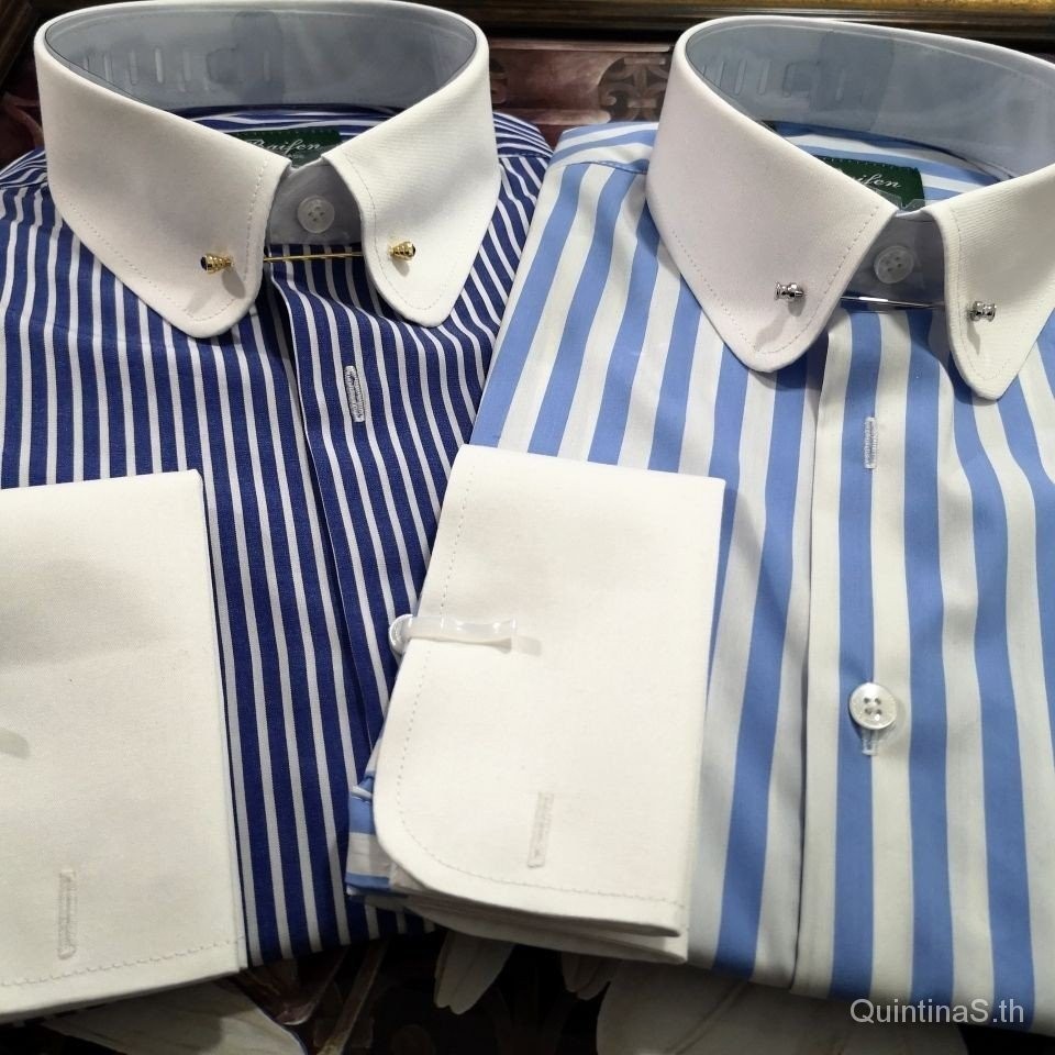 ฤดูใบไม ้ ผลิฤดูร ้ อนผลิตภัณฑ ์ ใหม ่ ผู ้ ชายฝรั ่ งเศส Cufflinks รอบคอ Pin Stripes สีทึบเสื ้ อส