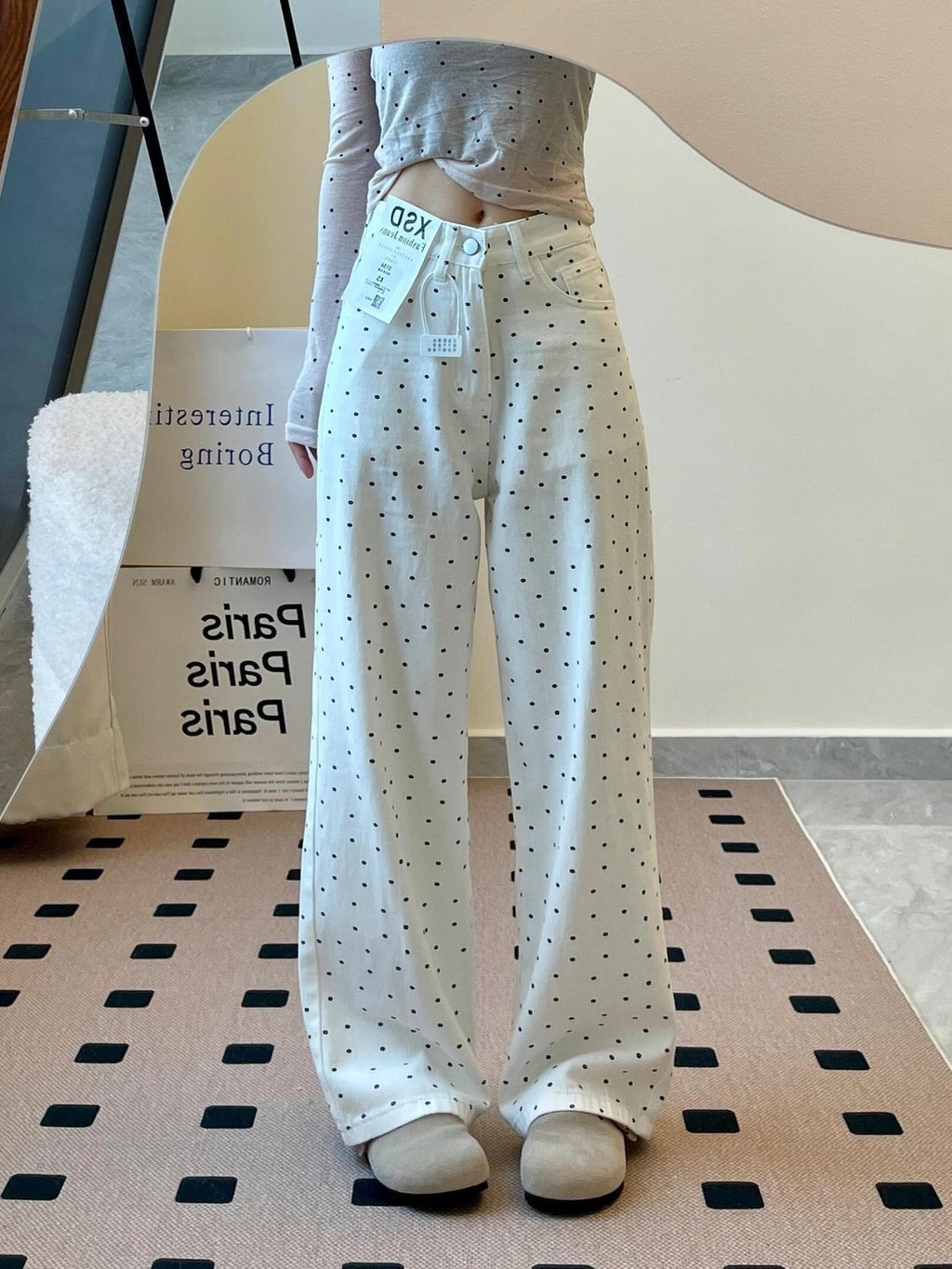 Retro Polka Dot กางเกงยีนส์ตรงผู้หญิงสไตล์ใหม่สีขาวหลวมกางเกงขากว้าง Slimmer ดูกางเกงเอวสูง