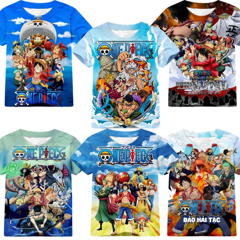 เสื้อยืดเด็กชายอนิเมะวันพีซ - หมวกฟางลูกเรือกราฟิกทีกับลูฟี่, โซโล, นามิดีไซน์, ชุดลําลองฤดูร้อนระบายอากาศสําหรับเด็ก 3-13