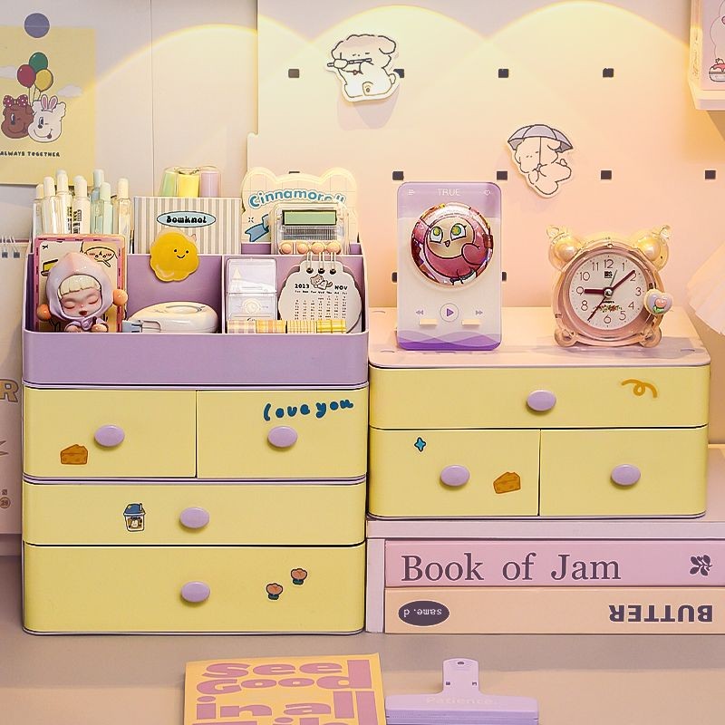 กล่องเก็บของตั้งโต๊ะน่ารักป้องกันฝุ่นลิ้นชักประเภทกล่องจัดระเบียบเครื่องเขียนนักเรียนที่ใส่ปากกาช่องจิปาถะ