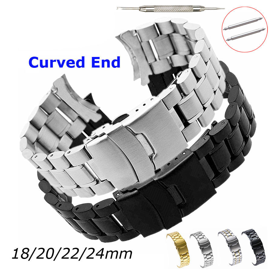 Curved End Replacement Watch Band 18mm 20mm 22mm 24mm Stainless Steel Watch Strap Double Lock Buckl
