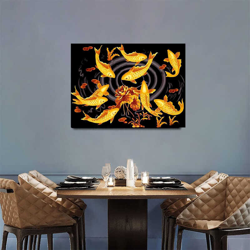 Golden Painting Carp Koi Fish Lotus Canvas Printing Wall Art, Lucky Gold Nine Koi Fish Animal Paint