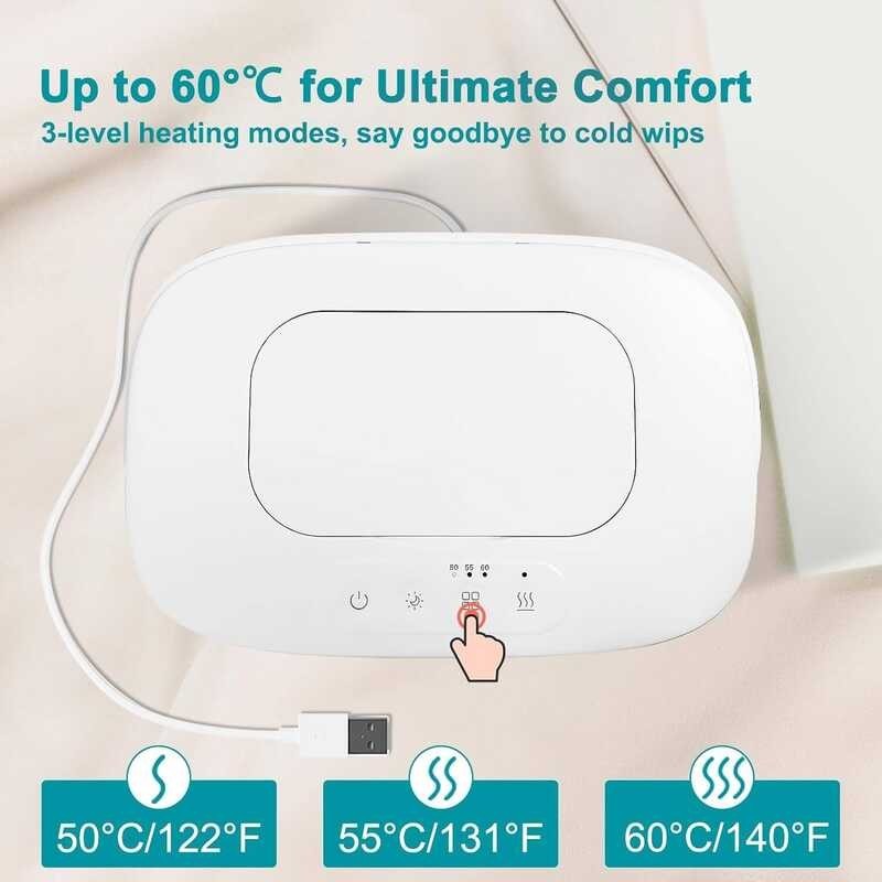 Wipe Upgraded Light, USB Charging Babies Wet Wipes Dispenser Warmer with Pop-Up Holder, Portable La 