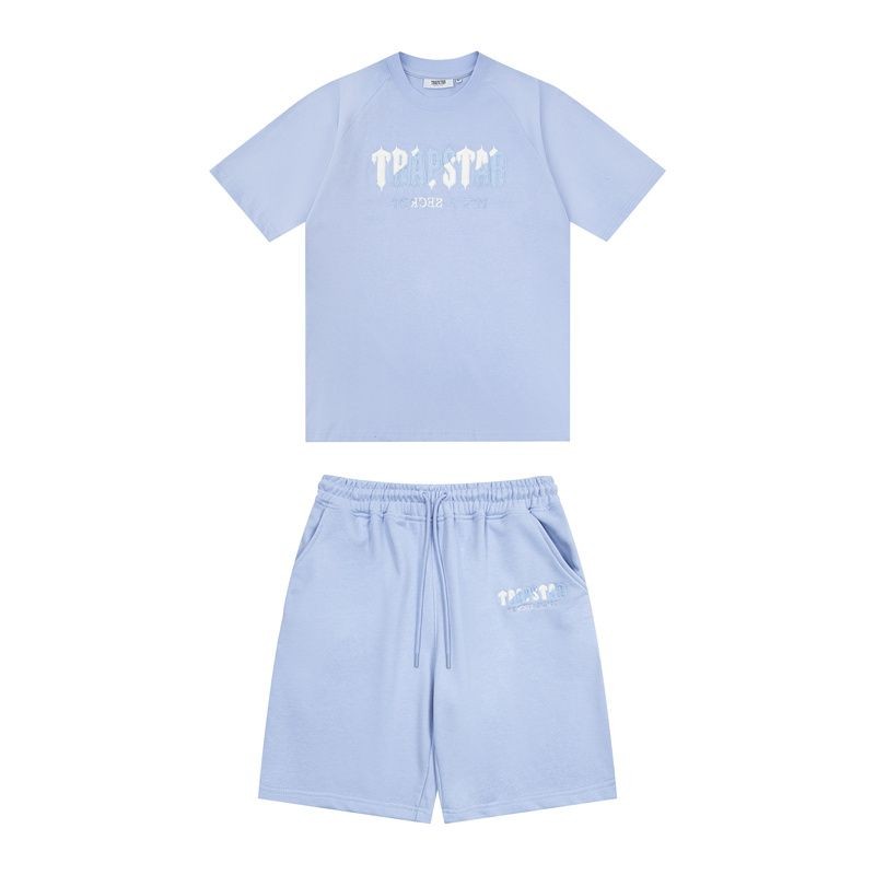 Trapstar Classic Letter ปักผ้าฝ้ายแท้หลวมผู้ชายและผู้หญิงเสื้อยืดคอกลมครึ่งแขนเดียวกันชุด